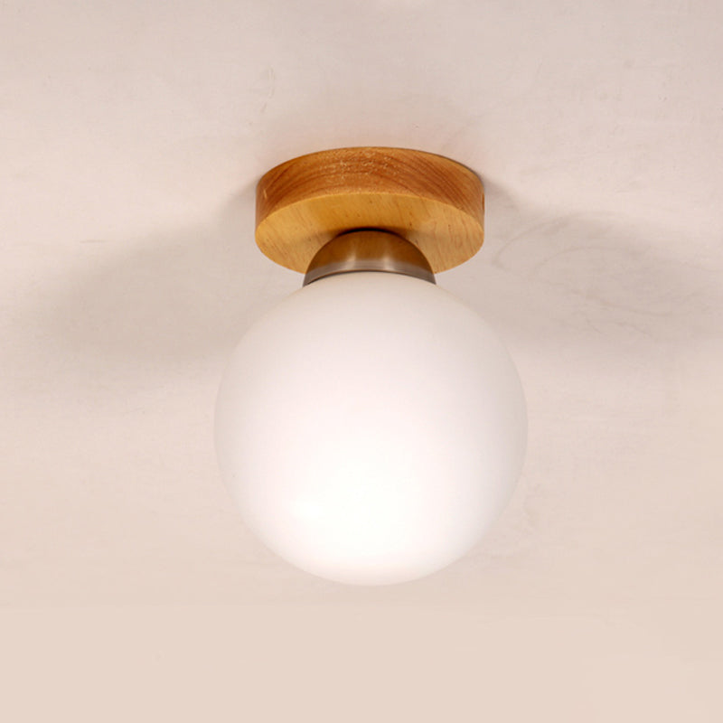 Simple Style Wood Flush Light - Blown White Glass Sphere Corridor Ceiling Lighting (1 Head)