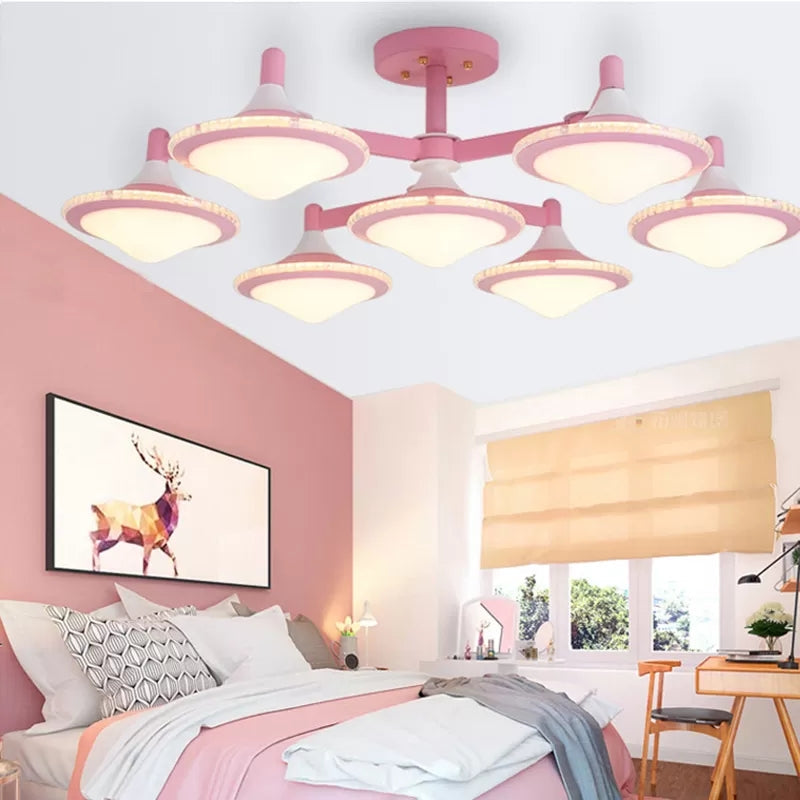 Modern Gyro Flush Mount Ceiling Light With 7 Wood Undertint Lights For Living Room Pink