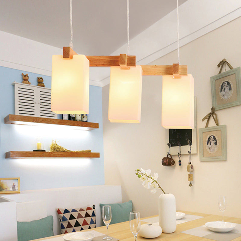 Simplicity Wood 3-Head Opaline Glass Rectangular Island Pendant Light