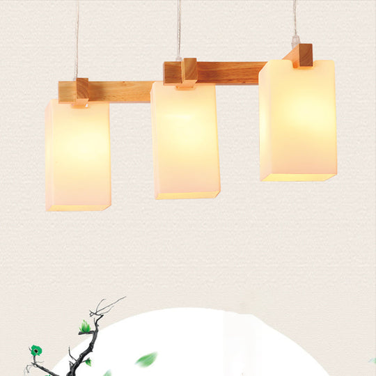 Simplicity Wood 3-Head Opaline Glass Rectangular Island Pendant Light