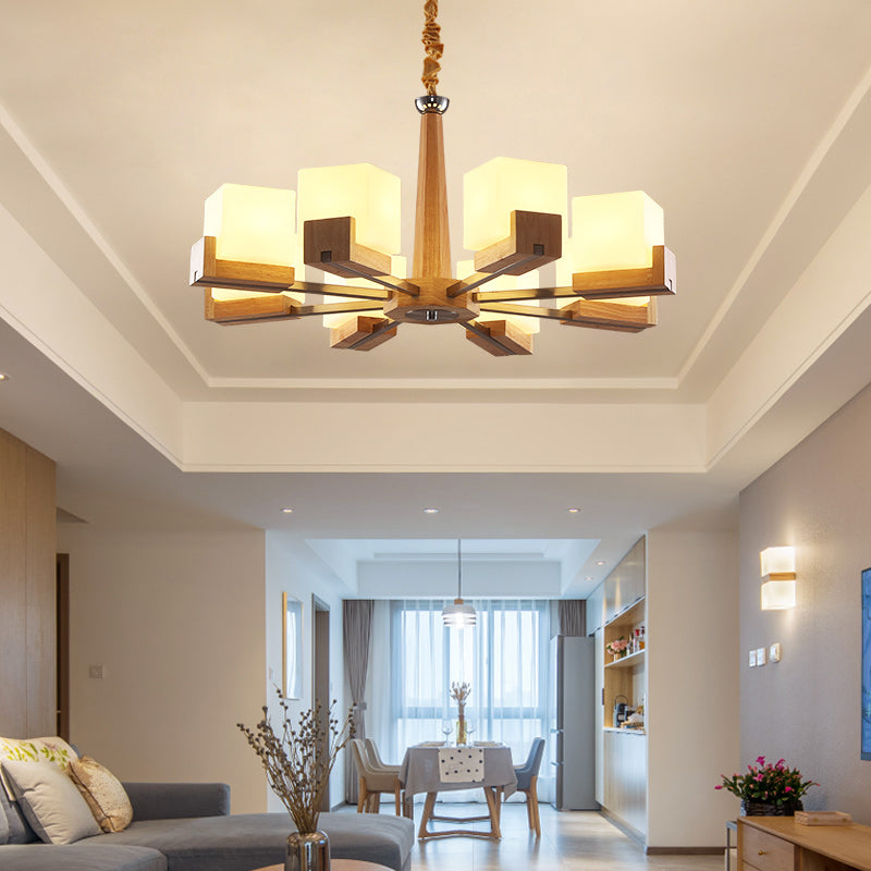 Frosted Glass Cube Chandelier with Modern Wood Ceiling Suspension - Ideal for Living Room