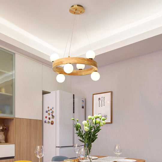 Minimalistic Wooden LED Chandelier with Opal Glass Shade