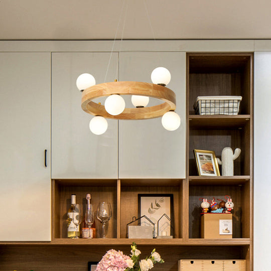 Minimalistic Wooden LED Chandelier with Opal Glass Shade