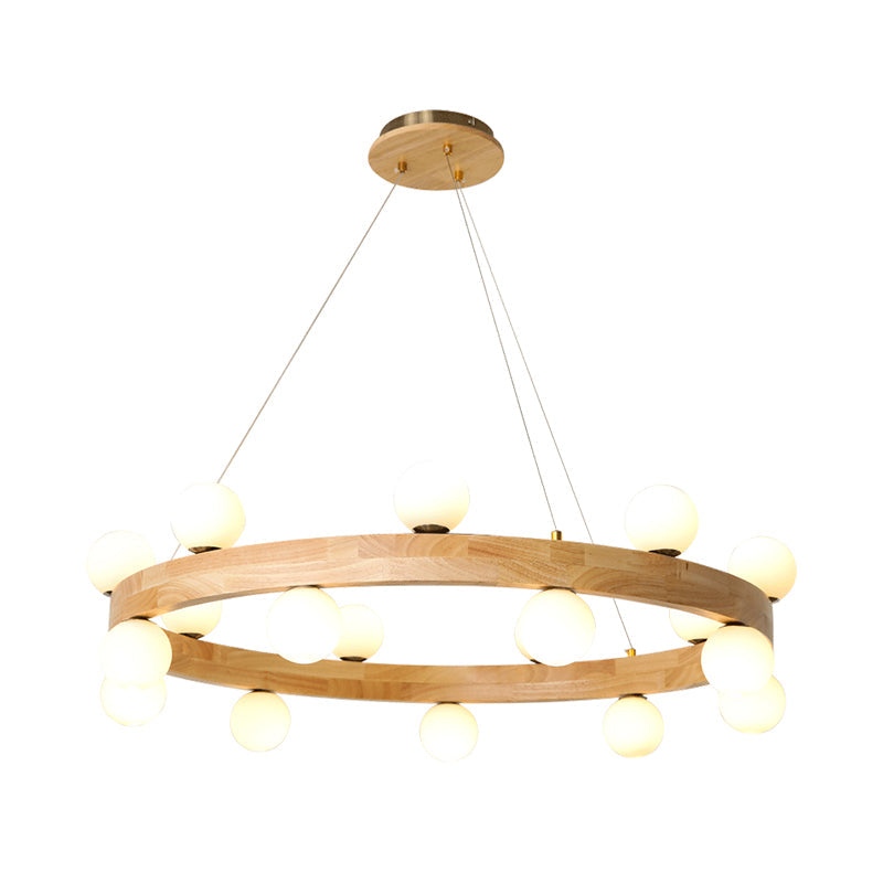 Minimalistic Wooden LED Chandelier with Opal Glass Shade