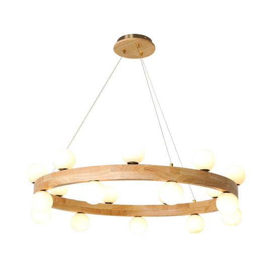 Minimalistic Led Pendant Light: Wooden Circular Chandelier With Opal Glass Shade