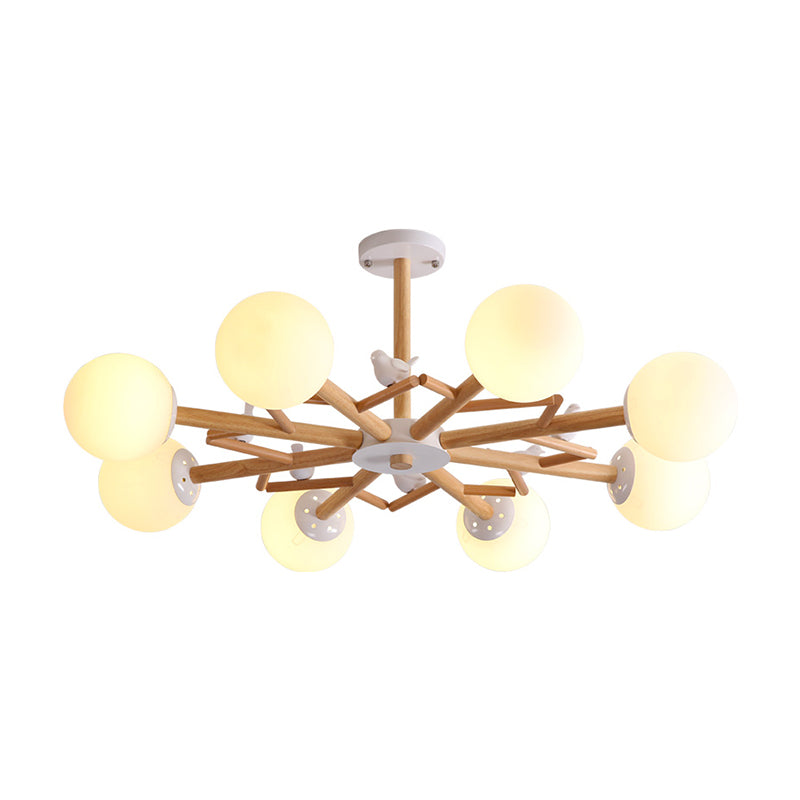 Wooden Nordic Ball Chandelier: Cream Glass Living Room Hanging Light with Bird Decor