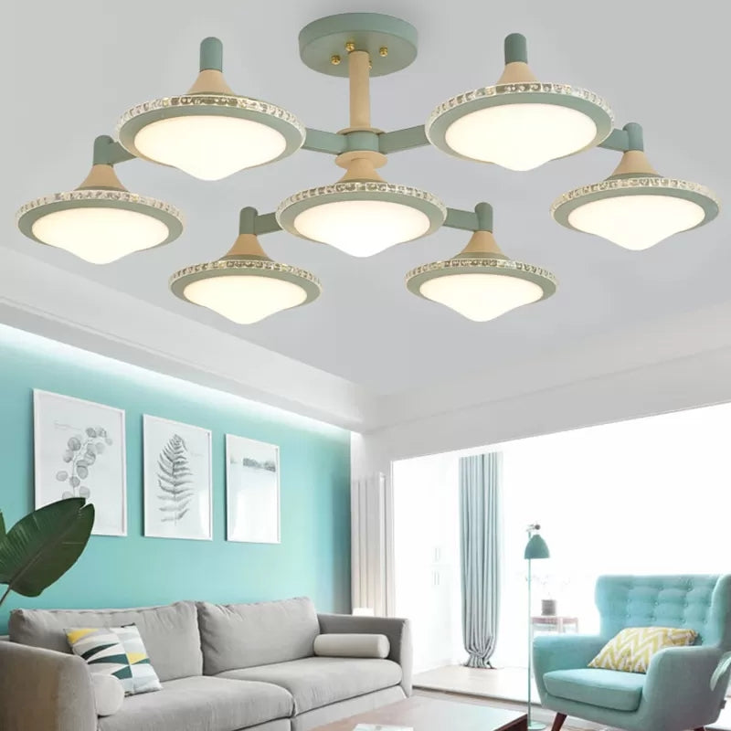 Modern Gyro Flush Mount Ceiling Light with 7 Wood Undertint Lights for Living Room