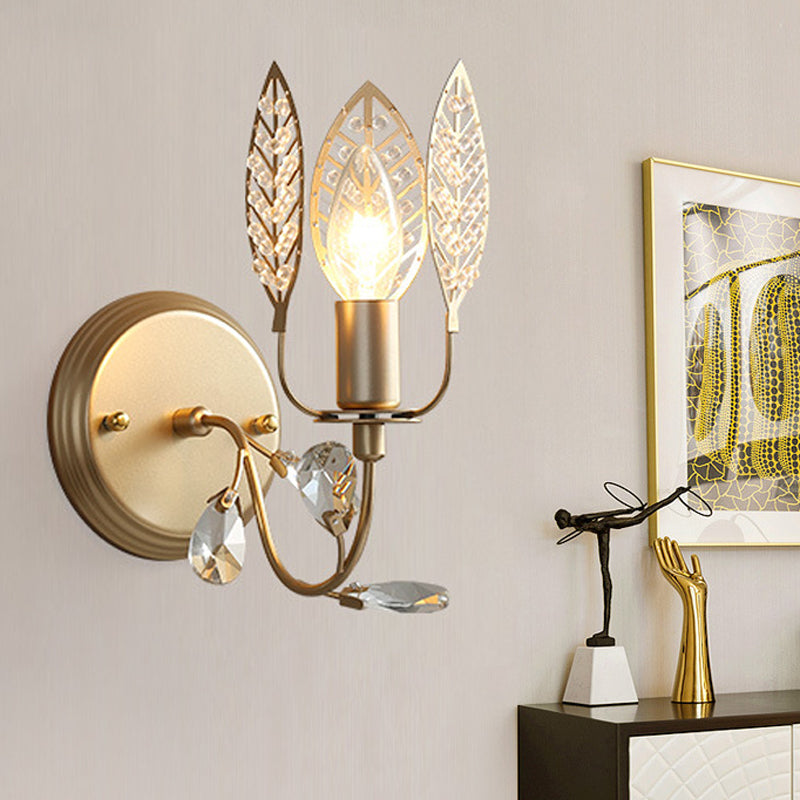 Gold Leaf Metal Wall Sconce With Crystal Bead For Bedside - 1 Head Tradition Flush Mount Light