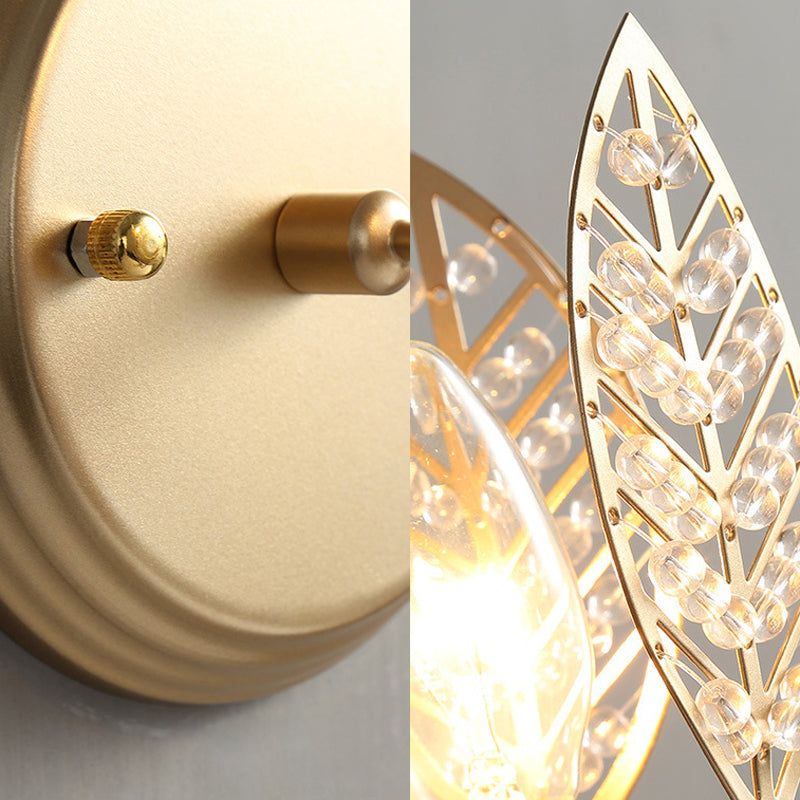 Gold Leaf Metal Wall Sconce With Crystal Bead For Bedside - 1 Head Tradition Flush Mount Light