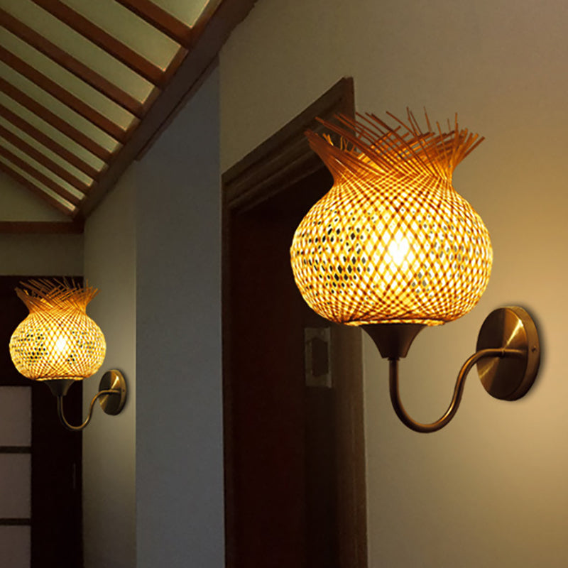 Countryside Rattan Wall Sconce With 1 Beige Light - Handcrafted For Bedroom (Down/Up)