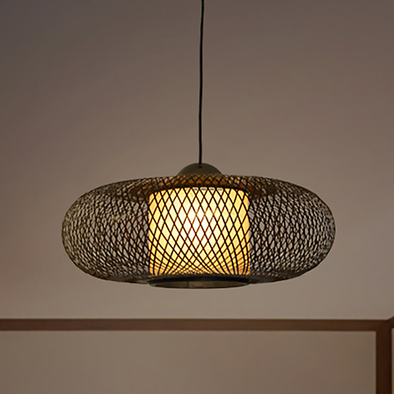 Contemporary Black/Wood Cross Woven Pendant Light With Drum Shade - 1 Head Bamboo Hanging Lamp