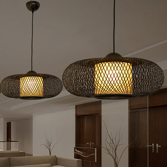 Contemporary Black/Wood Cross Woven Pendant Light With Drum Shade - 1 Head Bamboo Hanging Lamp