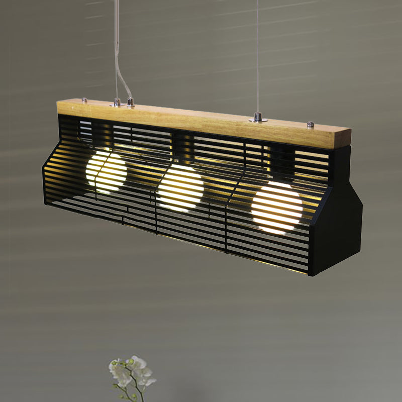 Modern Black/White Linear Island Pendant Light - 3-Light Metal And Wood Dining Room Lighting