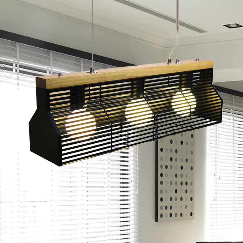 Modern Black/White Linear Island Pendant Light - 3-Light Metal And Wood Dining Room Lighting