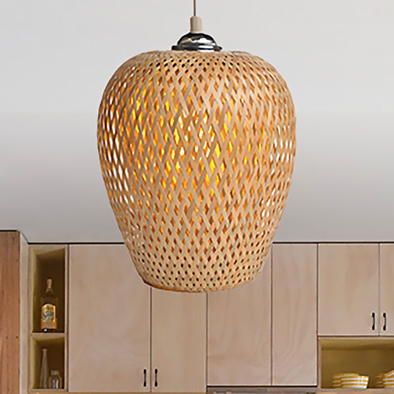 Bamboo 1-Light Pendant Lamp: Lodge Style Woven Shade Kitchen Suspension Lighting In Yellow (9/10