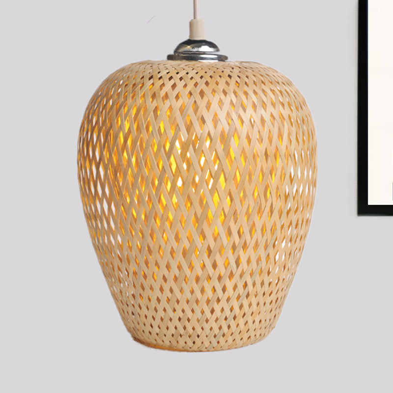 Bamboo 1-Light Pendant Lamp: Lodge Style Woven Shade Kitchen Suspension Lighting In Yellow (9/10