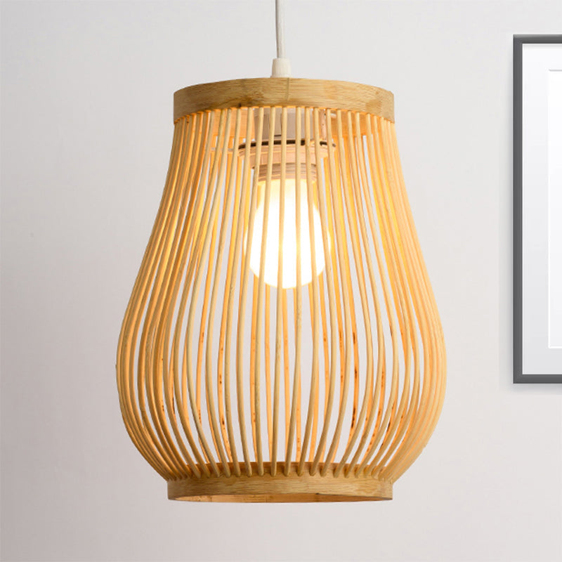 Bamboo Shade Pendant Ceiling Light - Asian Style Hanging Lamp Beige 7/8 Wide