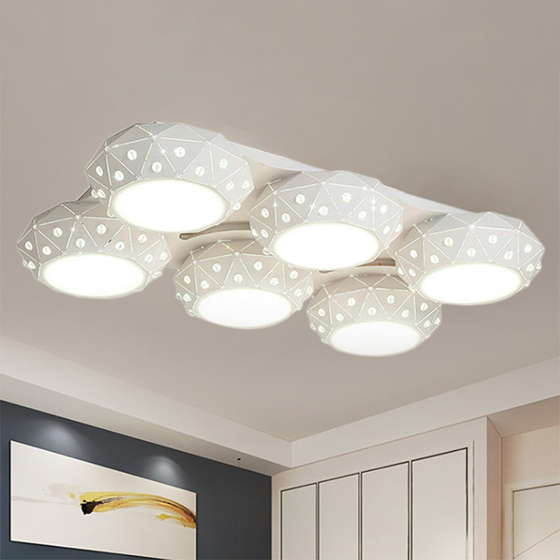 Modern Style White Flush Mount Ceiling Light with 6 Faceted Round Lights for Living Room