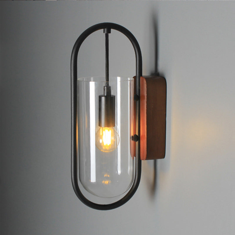 Industrial Black Cylinder Sconce Lighting - Clear/Amber Glass Wall Mount Fixture