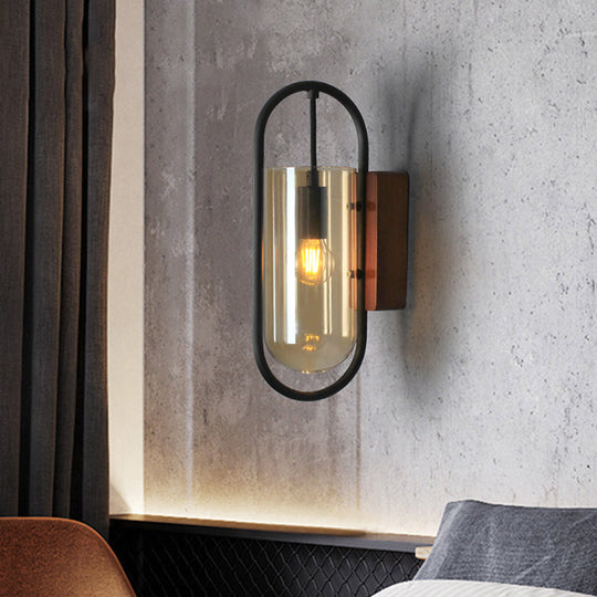 Industrial Black Cylinder Sconce Lighting - Clear/Amber Glass Wall Mount Fixture