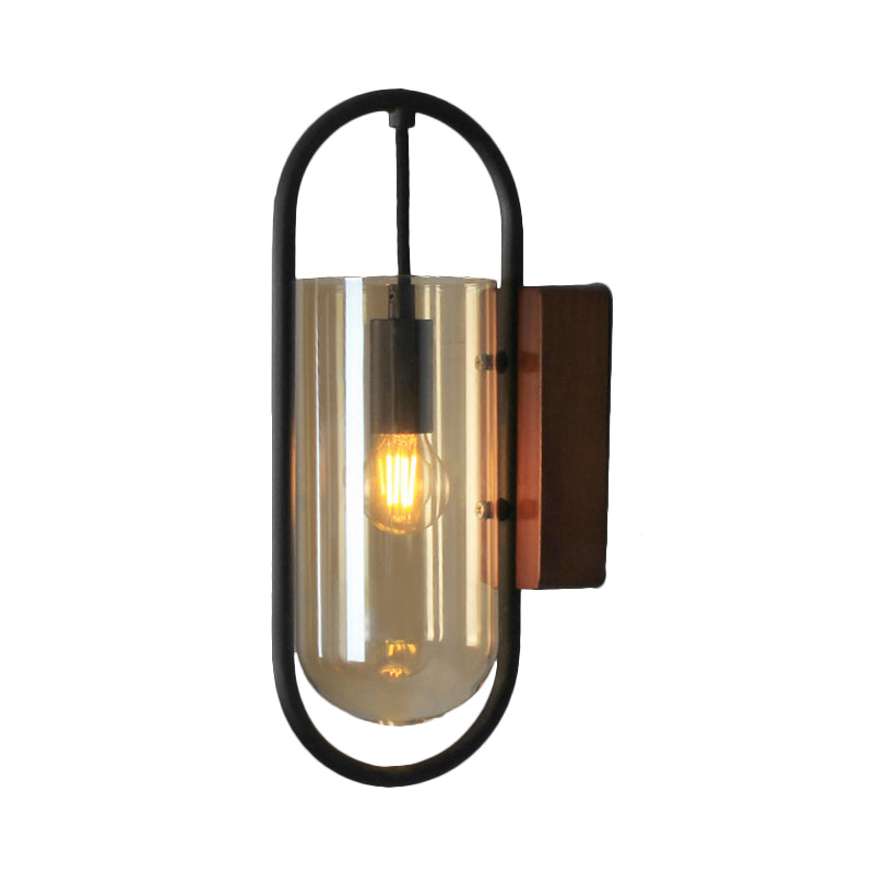 Industrial Black Cylinder Sconce Lighting - Clear/Amber Glass Wall Mount Fixture