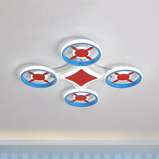 Kids Space Vehicle Ceiling Lamp: Blue and Red LED Flush Mount - Acrylic Metal Cartoon Light