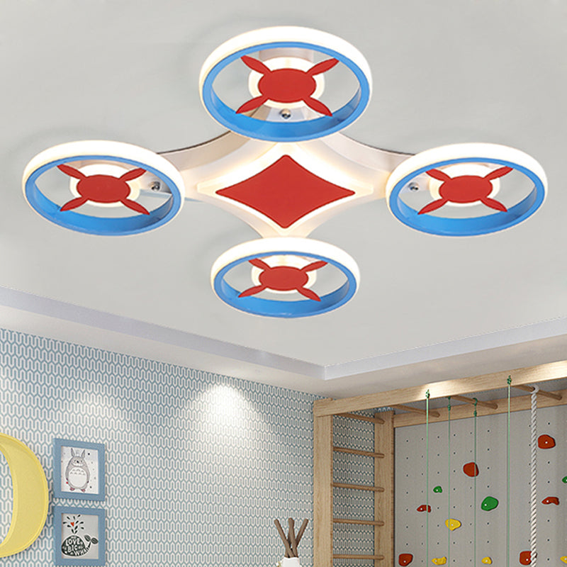 Kids Space Vehicle Ceiling Lamp: Blue and Red LED Flush Mount - Acrylic Metal Cartoon Light