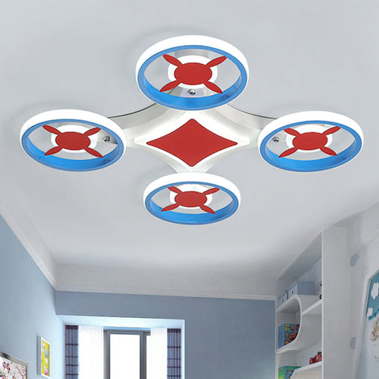 Kids Space Vehicle Ceiling Lamp: Blue and Red LED Flush Mount - Acrylic Metal Cartoon Light