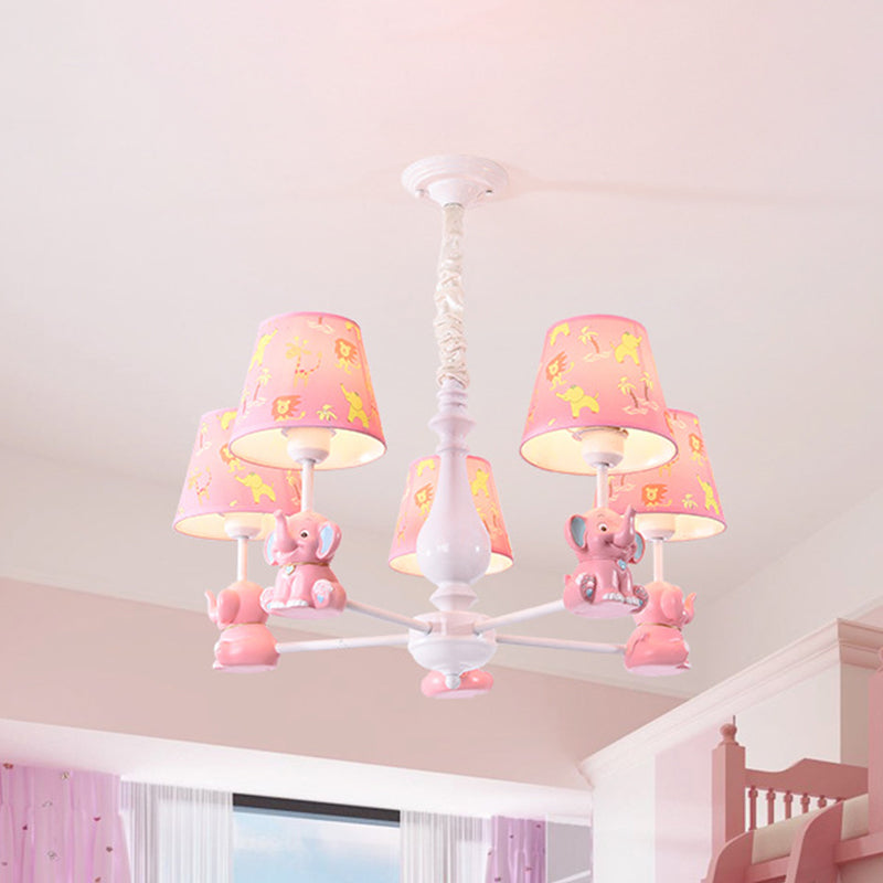 Pink Tapered Shade Elephant Metal Pendant Chandelier For Game Room