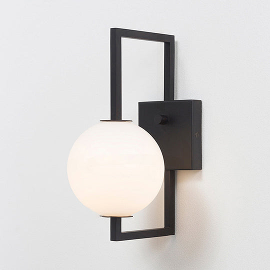 Modern Black Rectangular Wall Sconce With White Glass Orb Shade - 1 Bulb Metal Lighting