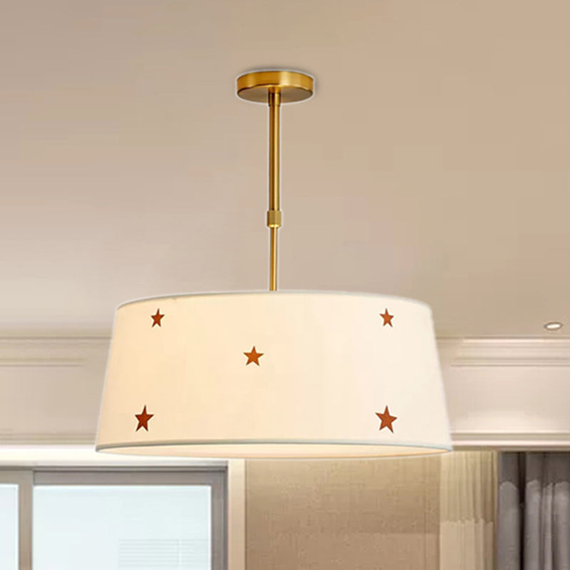 Simple Style White Fabric Drum Chandelier - Adult Bedroom Pendant Light With Star Design / 14