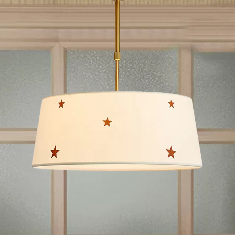 Simple Style White Fabric Drum Chandelier - Adult Bedroom Pendant Light With Star Design