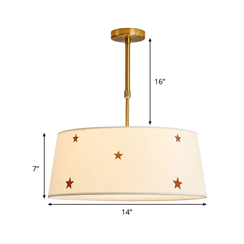 Simple Style White Fabric Drum Chandelier - Adult Bedroom Pendant Light With Star Design