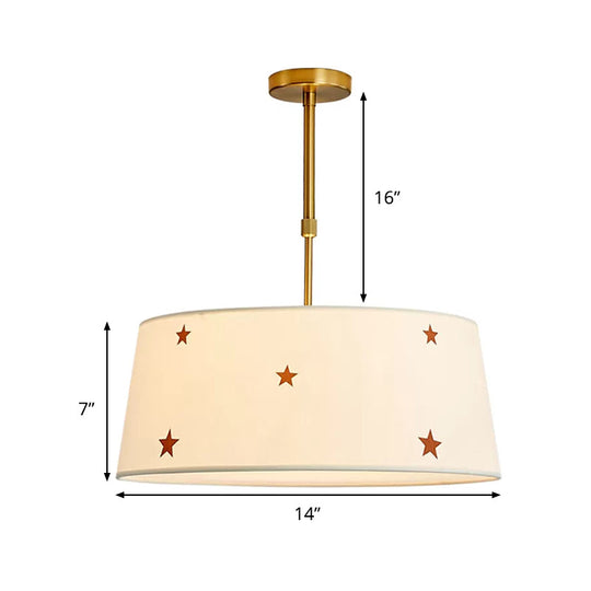 Simple Style White Fabric Drum Chandelier - Adult Bedroom Pendant Light With Star Design