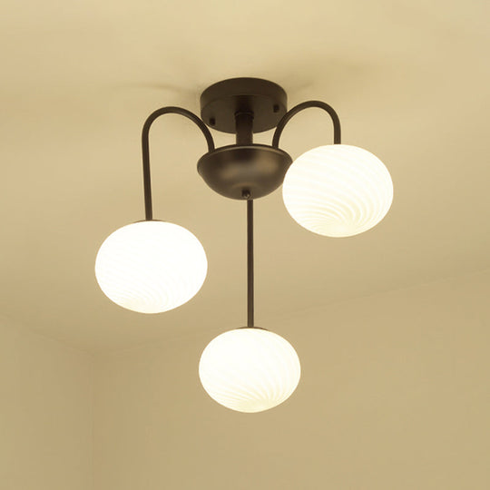 Modern Frosted Glass Semi Flush Light with 3 Black/White Lights and Curved Arm for Ceiling Mounting