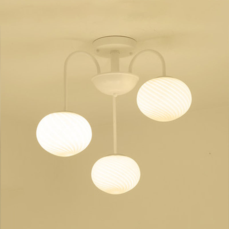 Modern Frosted Glass Semi Flush Light with 3 Black/White Lights and Curved Arm for Ceiling Mounting