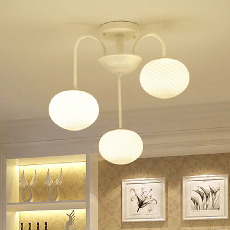 Modern Frosted Glass Semi Flush Light with 3 Black/White Lights and Curved Arm for Ceiling Mounting