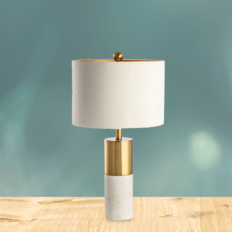 Modern Metal Drum Shade Table Lamp With Marble Base - White Light For Bedroom