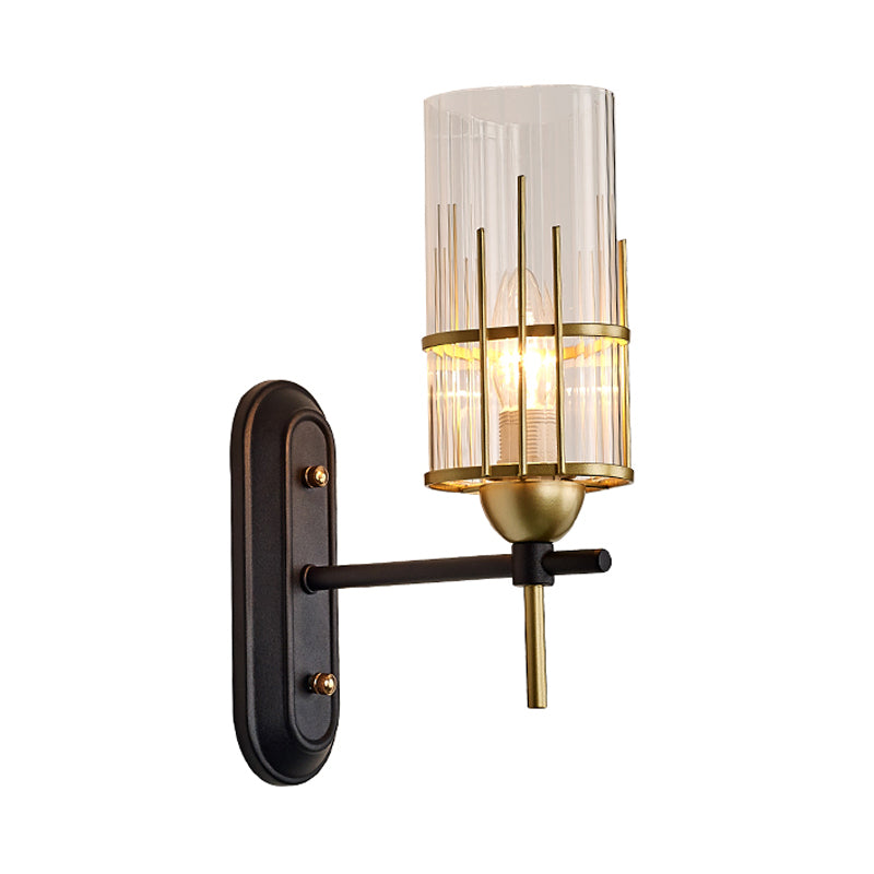 Black Metal Wall Sconce With Clear Glass Shade For Bedside Lighting