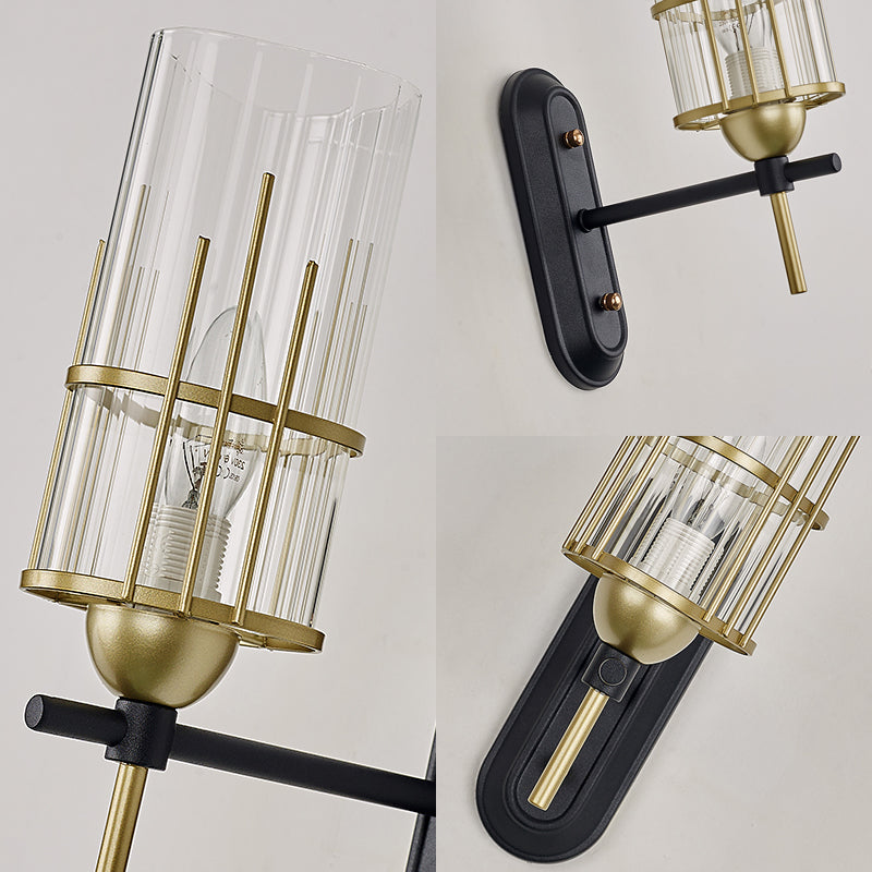 Black Metal Wall Sconce With Clear Glass Shade For Bedside Lighting