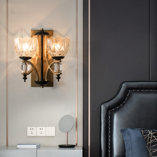 Brass Wall Sconce With Curved Arms And Prismatic Glass Shades - Traditional Lighting Fixture