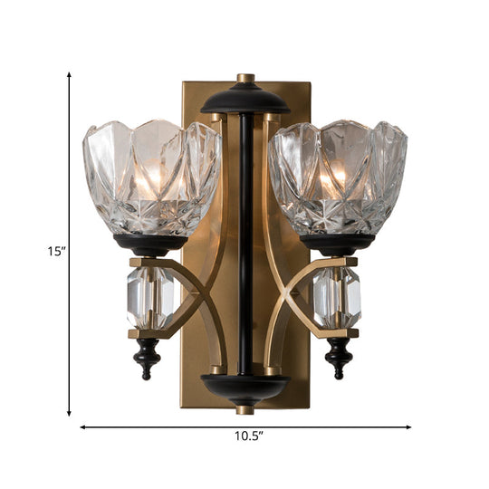 Brass Wall Sconce With Curved Arms And Prismatic Glass Shades - Traditional Lighting Fixture