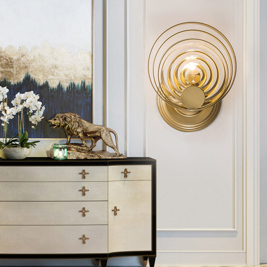 Gold Metal Circle Wall Lamp Sconce: Traditional Bedside Light With 1/2 Bulbs