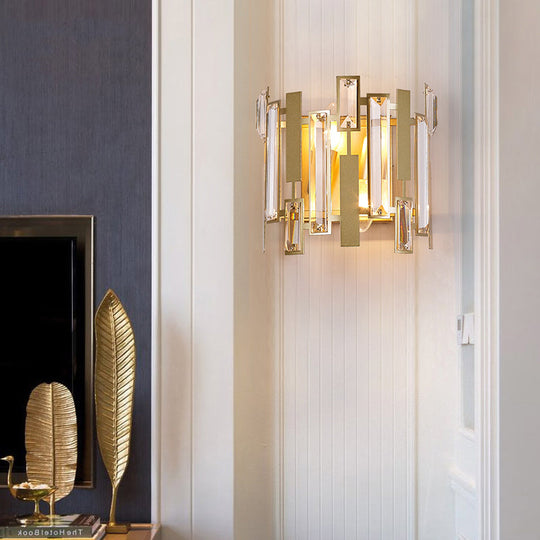 Traditional Crystal Wall Sconce Light With Laser Cut Design - Gold Finish 2 Bulbs Perfect For Living