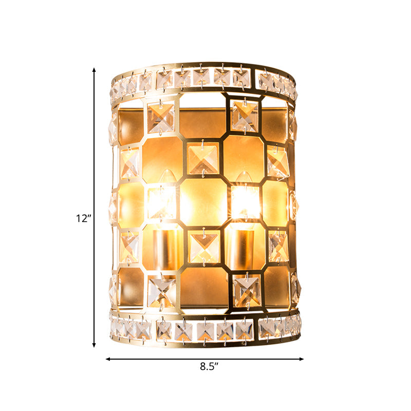 Vintage Cylindrical Crystal Wall Light: 2-Head Gold Flush Mount Sconce For Bedside