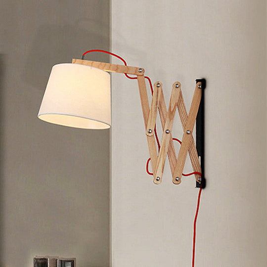 White Wall Lamp With Extendable Arm - Cylinder Fabric Shade Sconce For Living Room