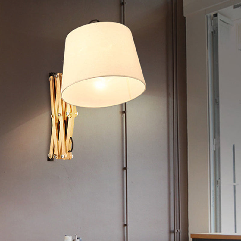 White Wall Lamp With Extendable Arm - Cylinder Fabric Shade Sconce For Living Room