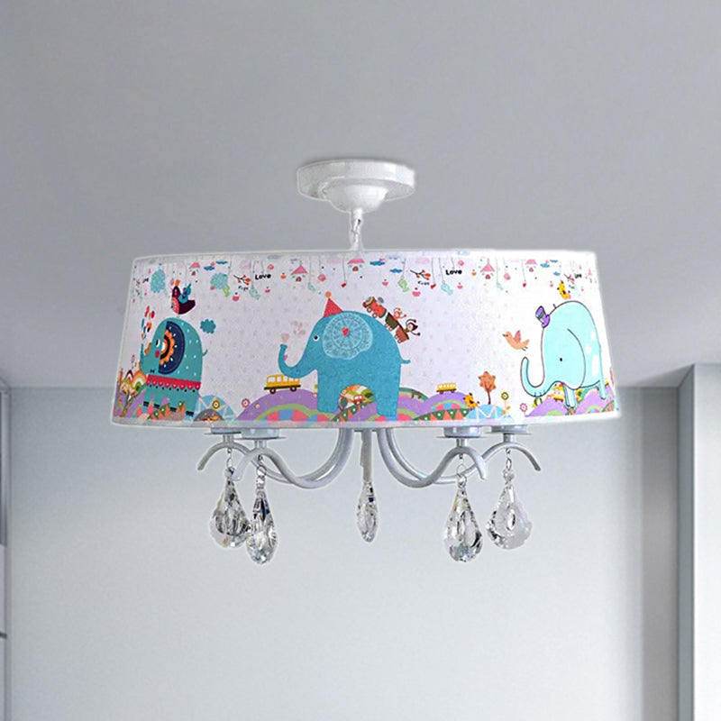 Elephant Crystal Drum Pendant Light: White 5-Light Chandelier For Kids Bedroom