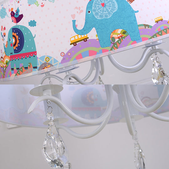 Elephant Crystal Drum Pendant Light: White 5-Light Chandelier For Kids Bedroom