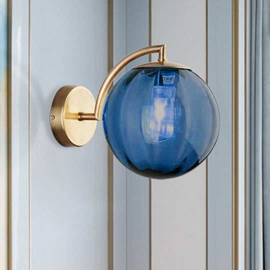 Postmodern Brass Ball Sconce Lamp - Red/Blue/Amber Glass Single Light Wall Fixture Blue